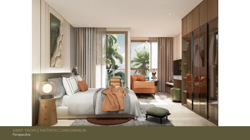 Saint Tropez Naithon — layout A 30.62 m²: bedroom looking onto the terrace