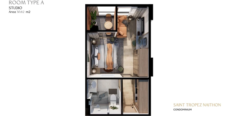 Saint Tropez Naithon — layout A 30.62 m²: furnished floor plan
