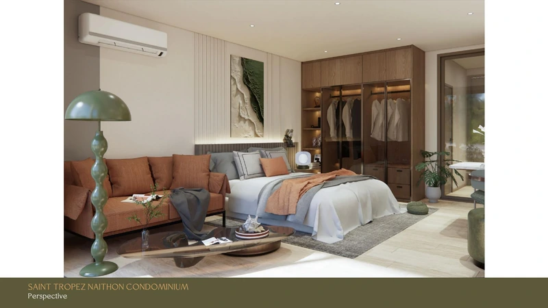 Saint Tropez Naithon — layout A1 36.8 m²: bedroom looking onto the terrace