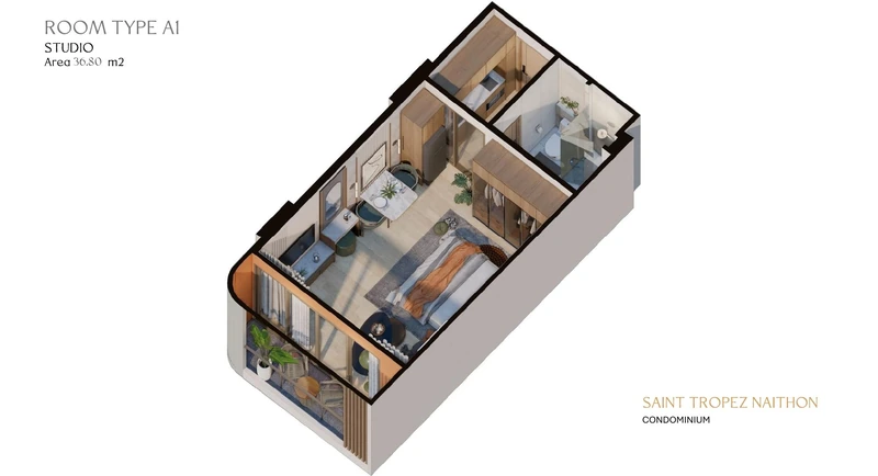 Saint Tropez Naithon — layout A1 36.8 m²: cutaway isometric view