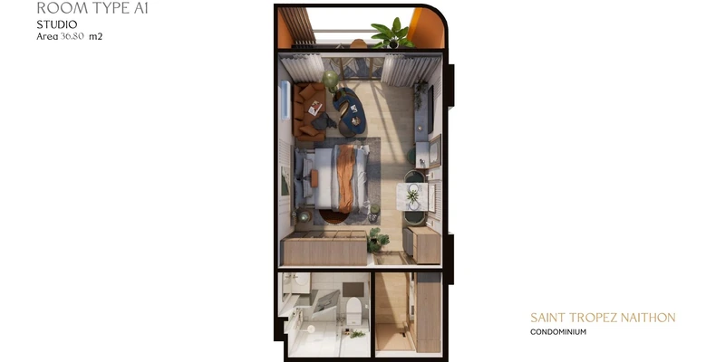 Saint Tropez Naithon — layout A1 36.8 m²: furnished floor plan