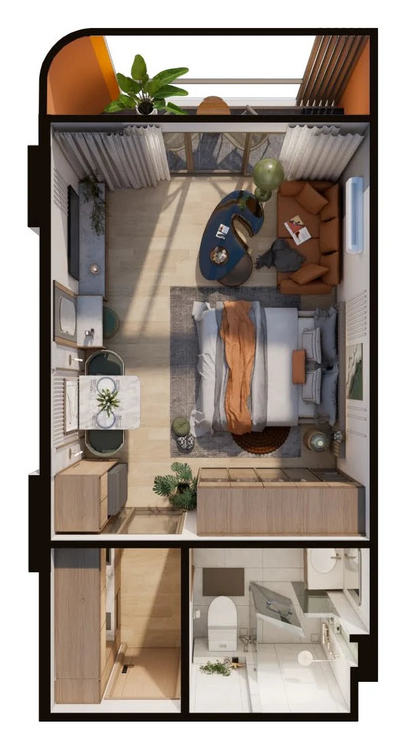 Saint Tropez Naithon — планировка A1 36.8 м²: план с расстановкой мебели