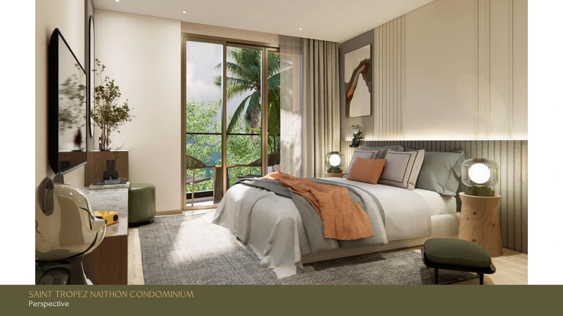 Saint Tropez Naithon — layout A2 46.58 m²: bedroom looking onto the terrace