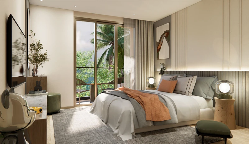 Saint Tropez Naithon — планировка A2 46.58 м²: спальня, вид на террасу