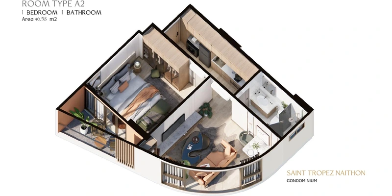 Saint Tropez Naithon — layout A2 46.58 m²: cutaway isometric view