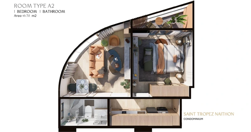 Saint Tropez Naithon — layout A2 46.58 m²: furnished floor plan