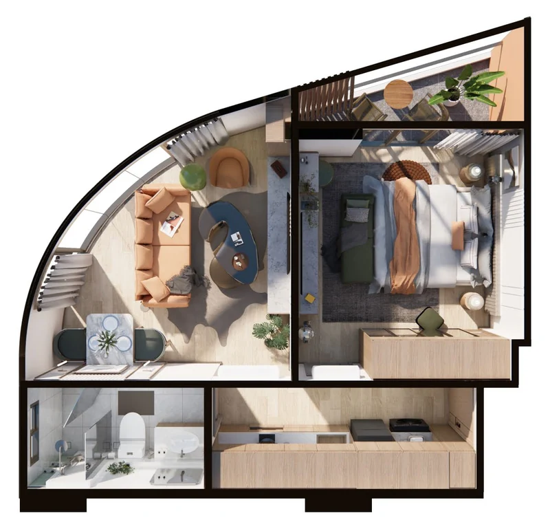 Saint Tropez Naithon — планировка A2 46.58 м²: план с расстановкой мебели