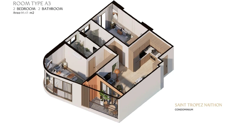 Saint Tropez Naithon — layout A3 66.15 m²: cutaway isometric view