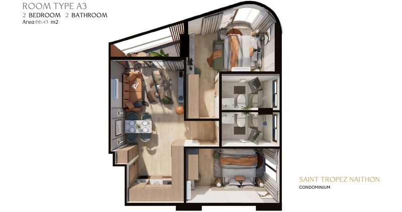 Saint Tropez Naithon — layout A3 66.15 m²: furnished floor plan