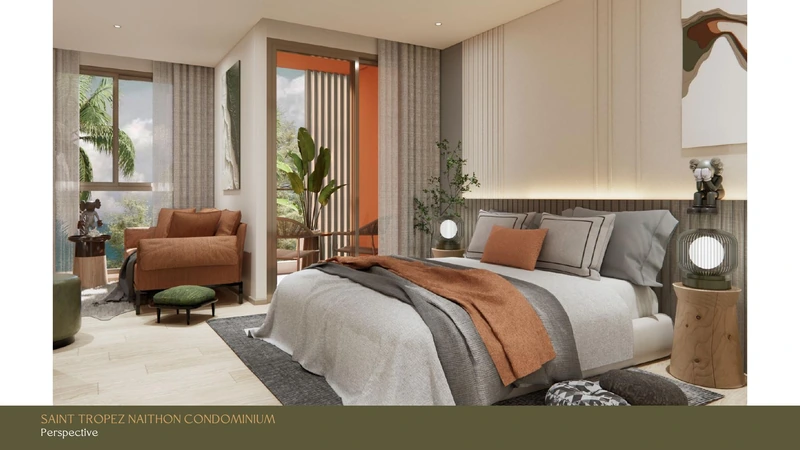 Saint Tropez Naithon — layout A4 37.42 m²: bedroom looking onto the terrace