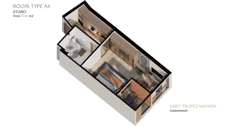Saint Tropez Naithon — layout A4 37.42 m²: cutaway isometric view