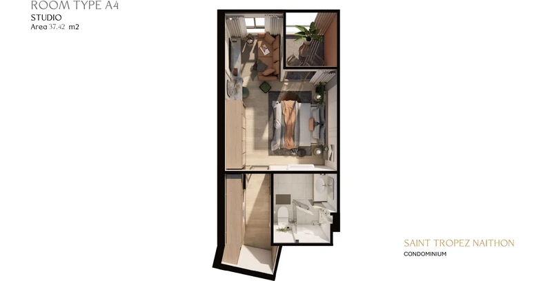 Saint Tropez Naithon — layout A4 37.42 m²: furnished floor plan