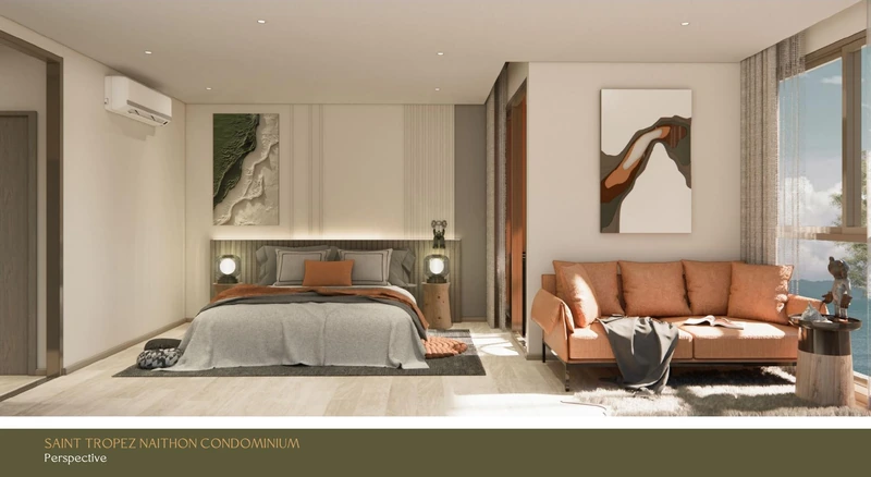 Saint Tropez Naithon — layout A5 35.67 m²: bedroom looking onto the terrace