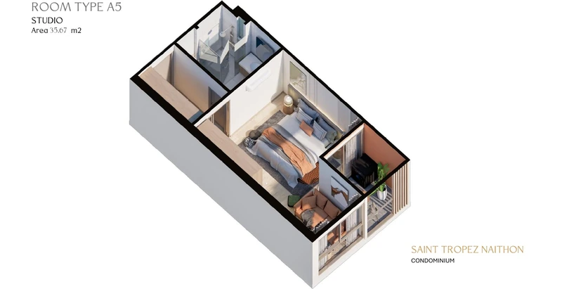 Saint Tropez Naithon — layout A5 35.67 m²: cutaway isometric view