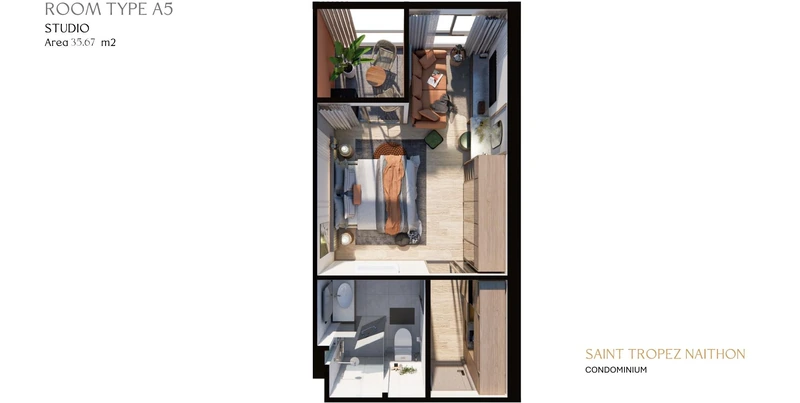 Saint Tropez Naithon — layout A5 35.67 m²: furnished floor plan