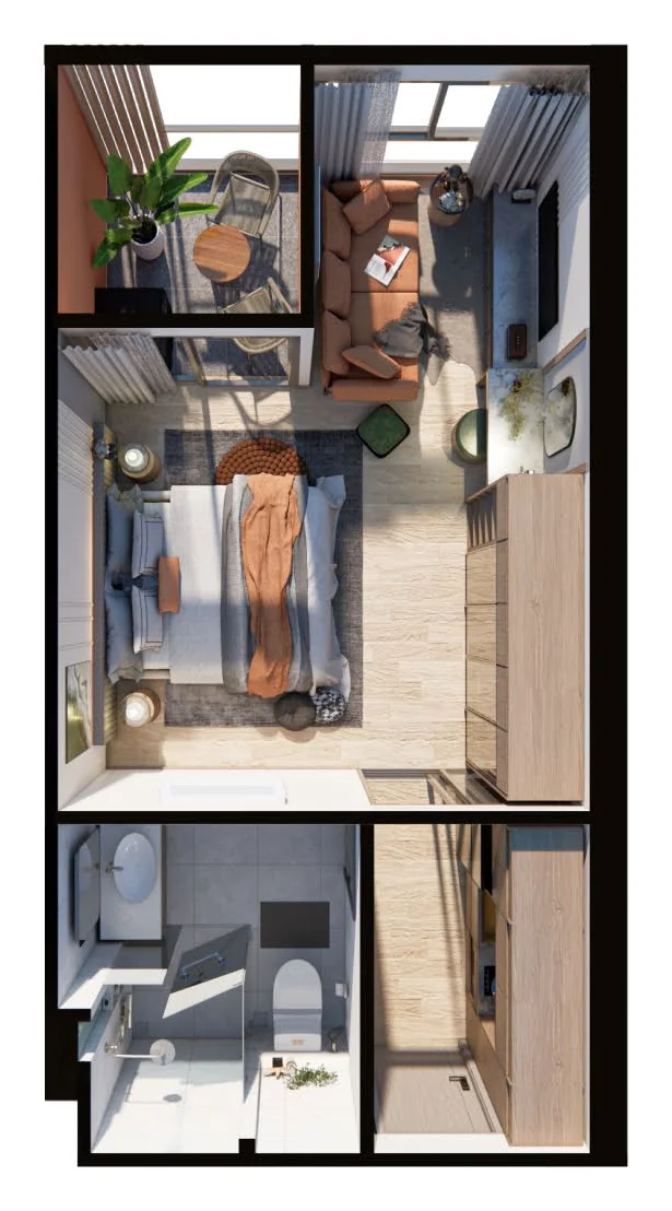 Saint Tropez Naithon — планировка A5 35.67 м²: план с расстановкой мебели