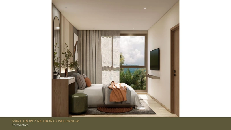 Saint Tropez Naithon — layout B1 49.85 m²: bedroom looking onto the terrace
