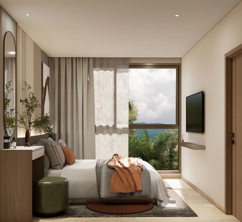 Saint Tropez Naithon — планировка B1 49.85 м²: спальня, вид на террасу