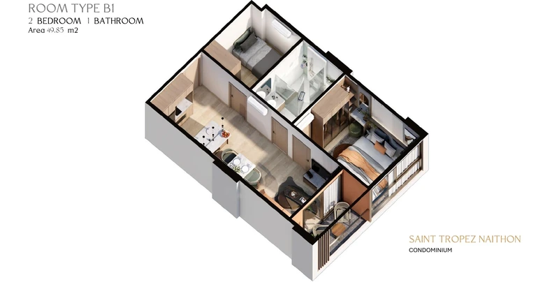 Saint Tropez Naithon — layout B1 49.85 m²: cutaway isometric view