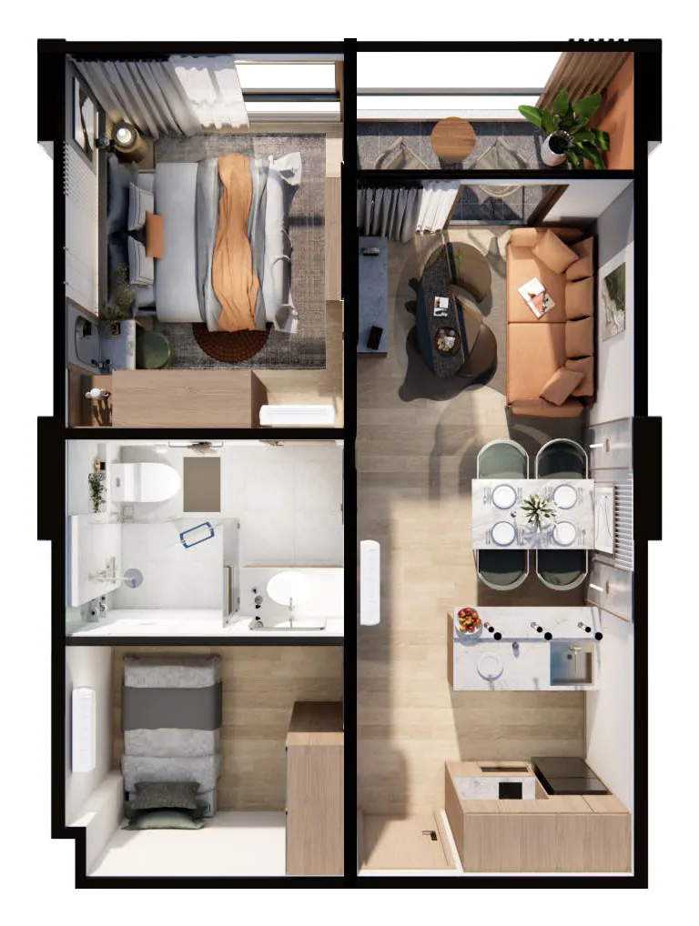 Saint Tropez Naithon — планировка B1 49.85 м²: план с расстановкой мебели