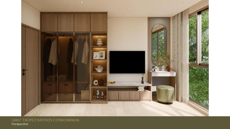 Saint Tropez Naithon — layout B2 66.4 m²: bedroom looking onto the terrace