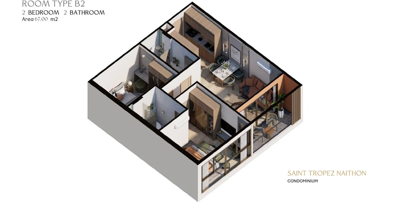 Saint Tropez Naithon — layout B2 66.4 m²: cutaway isometric view