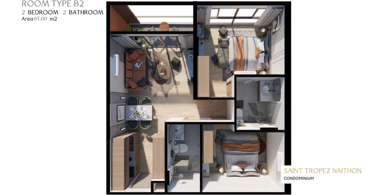 Saint Tropez Naithon — layout B2 66.4 m²: furnished floor plan