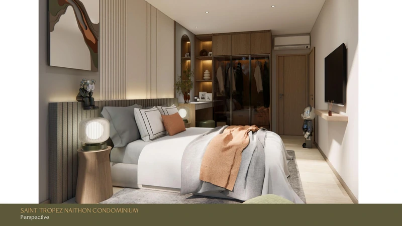 Saint Tropez Naithon — layout C 66.35 m²: bedroom looking onto the terrace