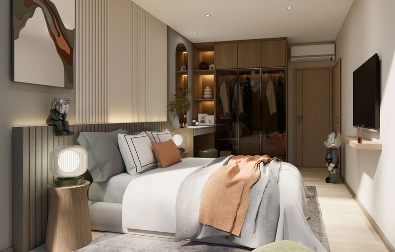 Saint Tropez Naithon — планировка C 66.35 м²: спальня, вид на террасу