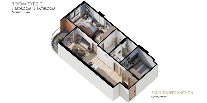 Saint Tropez Naithon — layout C 66.35 m²: cutaway isometric view