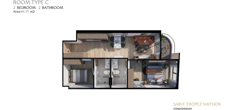 Saint Tropez Naithon — layout C 66.35 m²: furnished floor plan