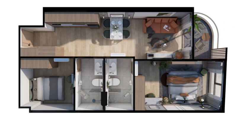 Saint Tropez Naithon — планировка C 66.35 м²: план с расстановкой мебели