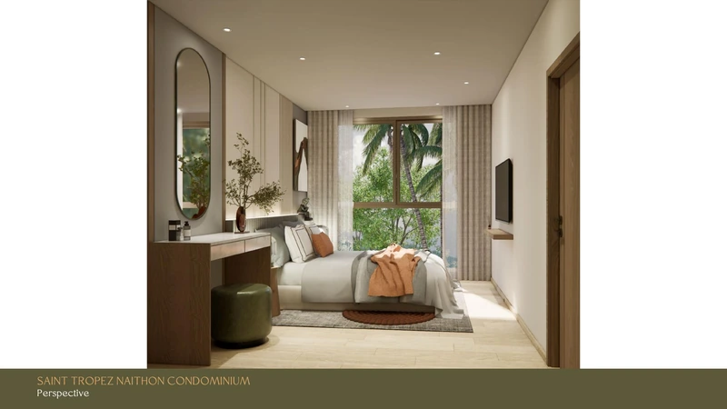 Saint Tropez Naithon — layout C1 67.5 m²: bedroom looking onto the terrace