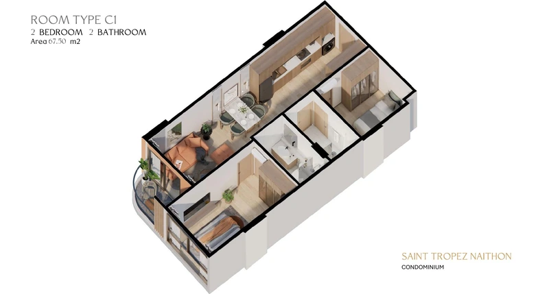 Saint Tropez Naithon — layout C1 67.5 m²: cutaway isometric view
