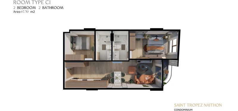 Saint Tropez Naithon — layout C1 67.5 m²: furnished floor plan