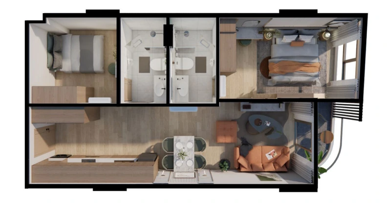 Saint Tropez Naithon — планировка C1 67.5 м²: план с расстановкой мебели