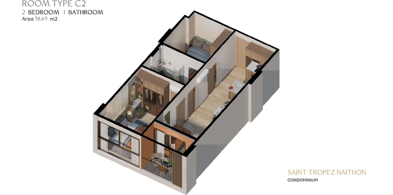 Saint Tropez Naithon — layout C2 58.65 m²: cutaway isometric view