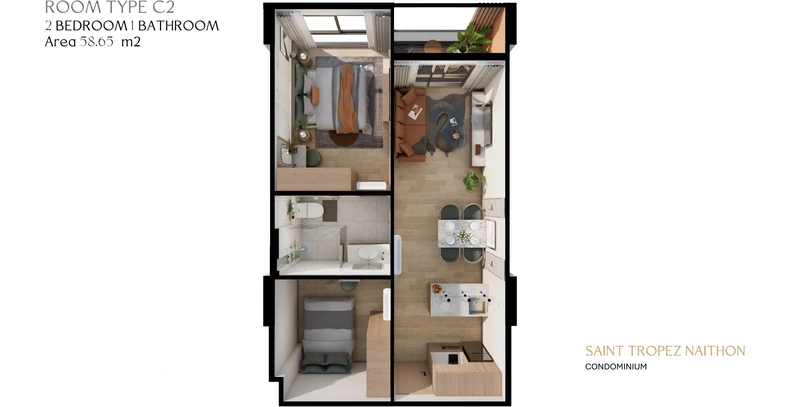 Saint Tropez Naithon — layout C2 58.65 m²: furnished floor plan