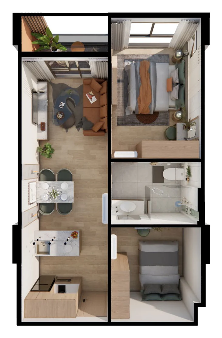 Saint Tropez Naithon — планировка C2 58.65 м²: план с расстановкой мебели