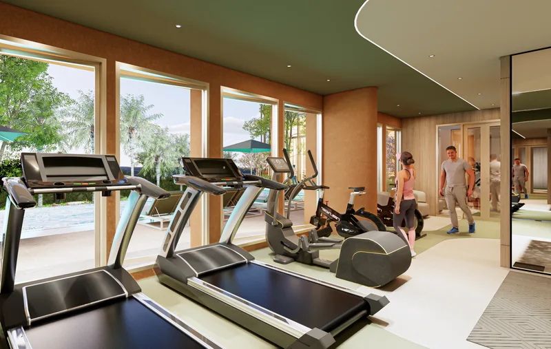 Saint Tropez Naithon — the gym cardio area overlooking the pool