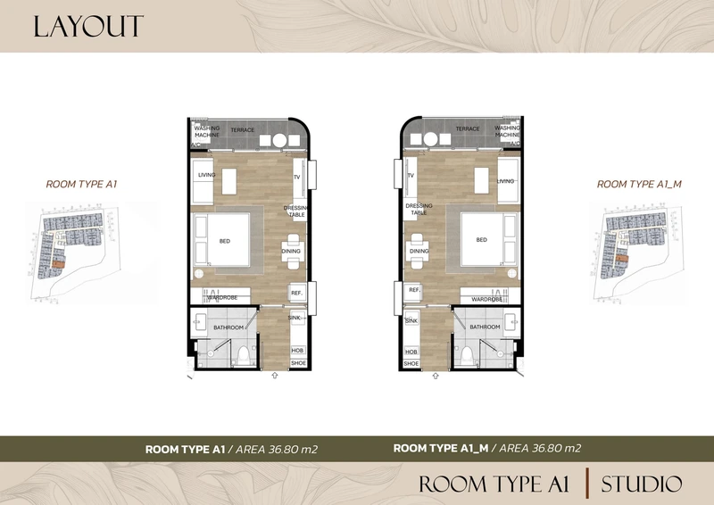 Saint Tropez Naithon — floor plan A1 / A1 M with furniture layout