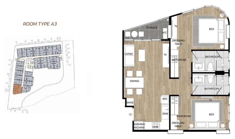 Saint Tropez Naithon — планировка A3 с расстановкой мебели и размерами