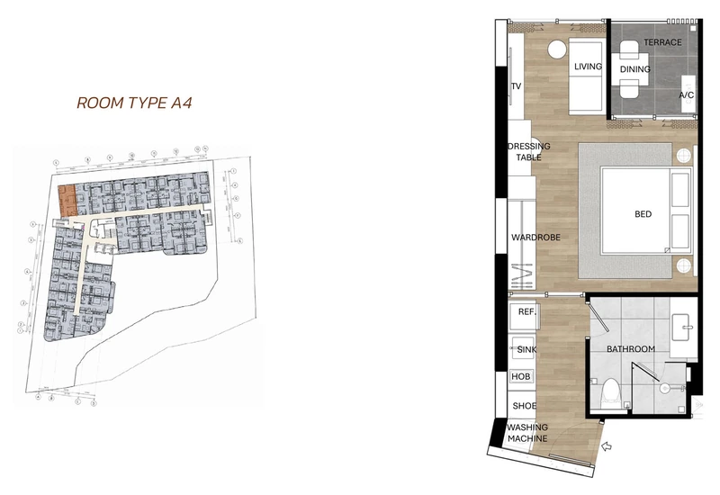 Saint Tropez Naithon — планировка A4 с расстановкой мебели и размерами