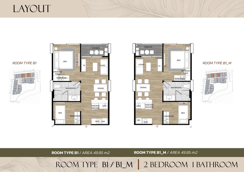 Saint Tropez Naithon — floor plan B1 / B1 M with furniture layout