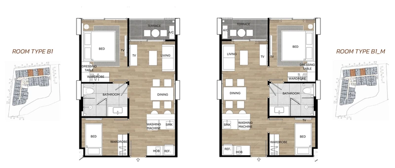 Saint Tropez Naithon — планировка B1 / B1 M с расстановкой мебели и размерами