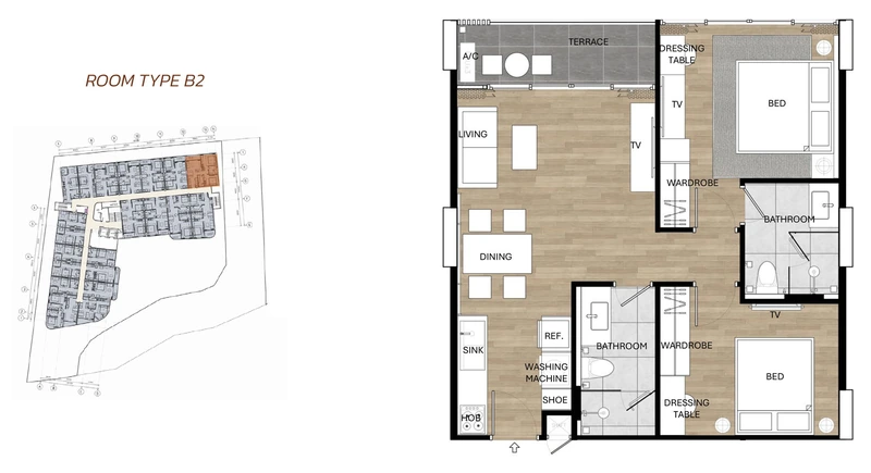 Saint Tropez Naithon — планировка B2 с расстановкой мебели и размерами