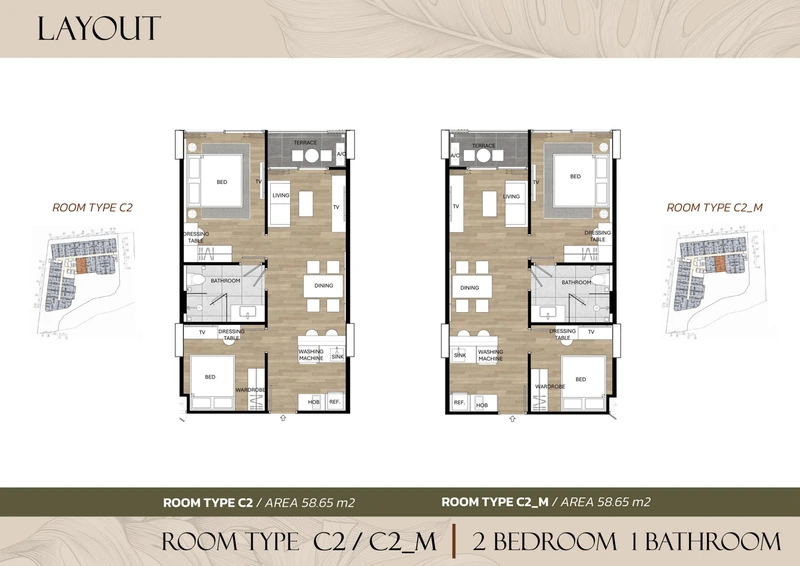 Saint Tropez Naithon — floor plan C2 / C2 M with furniture layout