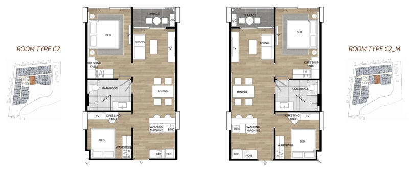Saint Tropez Naithon — планировка C2 / C2 M с расстановкой мебели и размерами