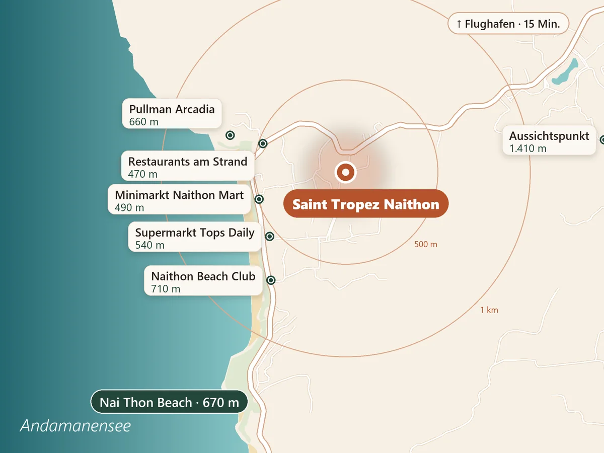 Karte von Nai Thon: Saint Tropez Naithon, der Nai Thon Beach in 670 m, Restaurants, Supermärkte und das Pullman Arcadia in der Nähe