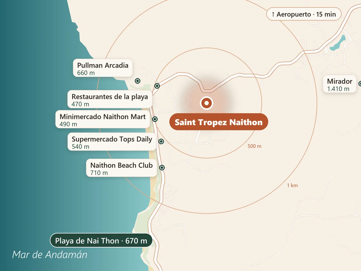 Mapa de Nai Thon: Saint Tropez Naithon, la playa de Nai Thon a 670 m, restaurantes, supermercados y el Pullman Arcadia cerca